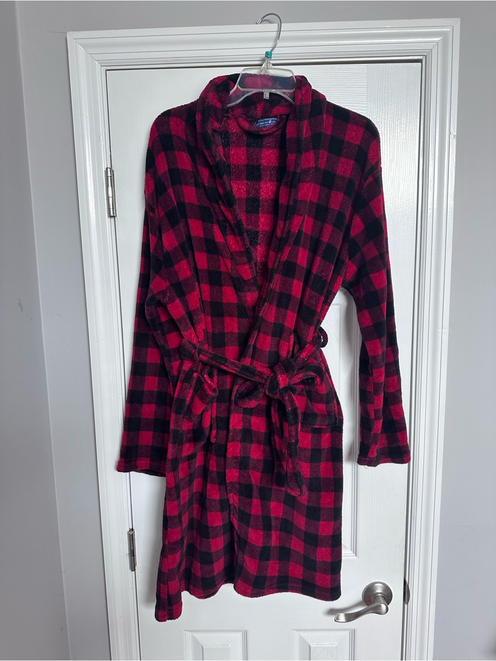 Plaid Fleece Robe-Style Coat in Red and Black - One Size Fits Most